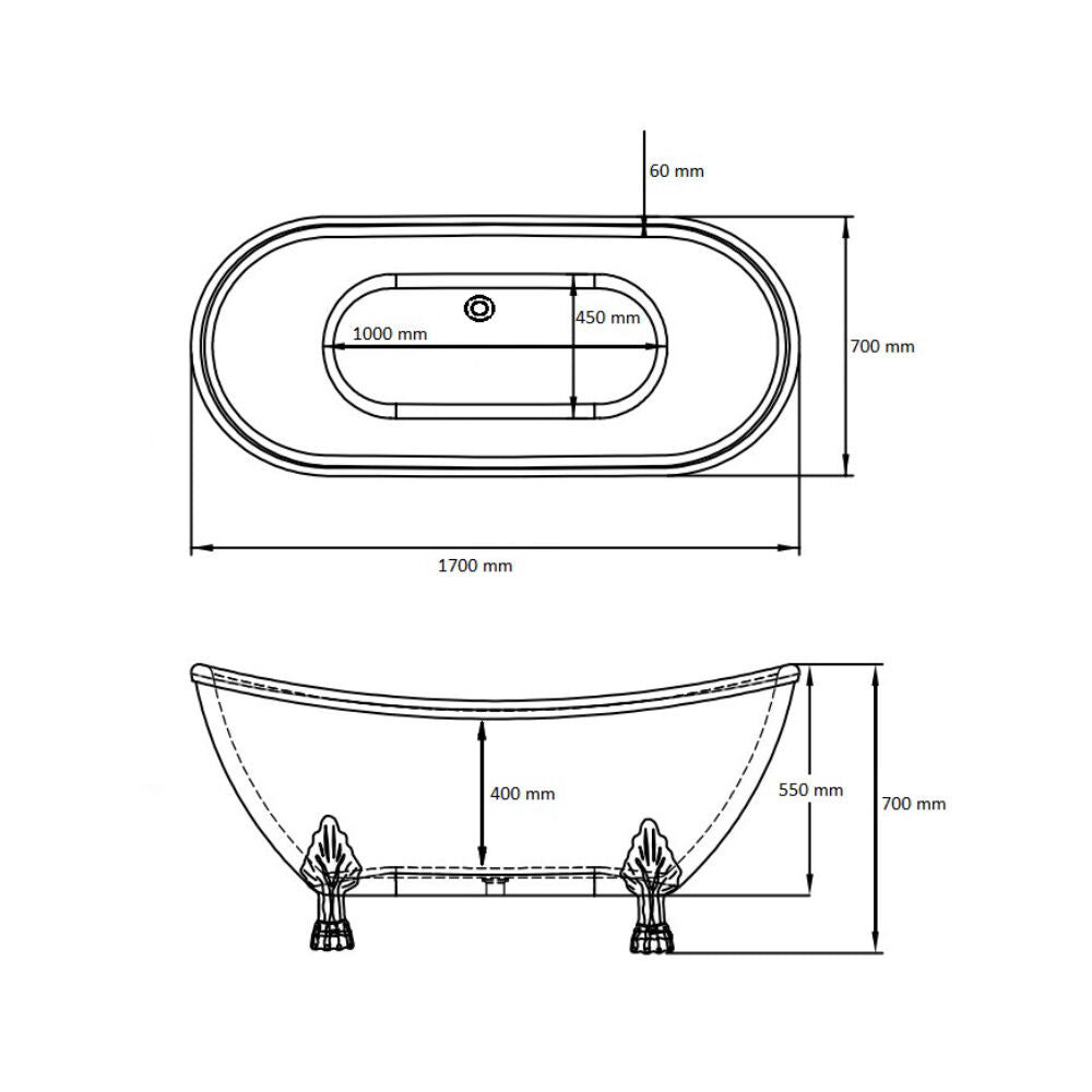 Cada freestanding Zia 1700 x 750 x 750 mm, alba, picioare argintii